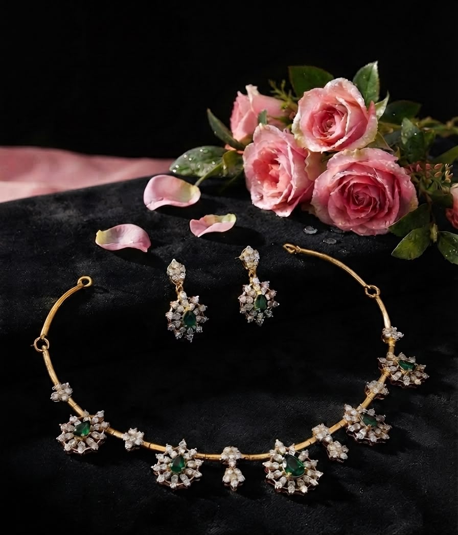 Royal Emerald Floral CZ Necklace & Earrings Set – Gold-Plated