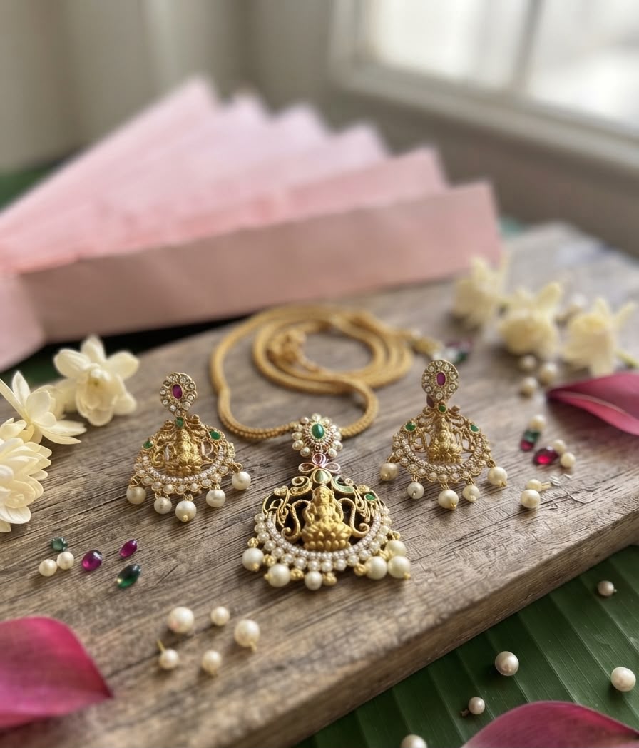 Traditional Lakshmi Temple Pendant Set with Jhumka Earrings