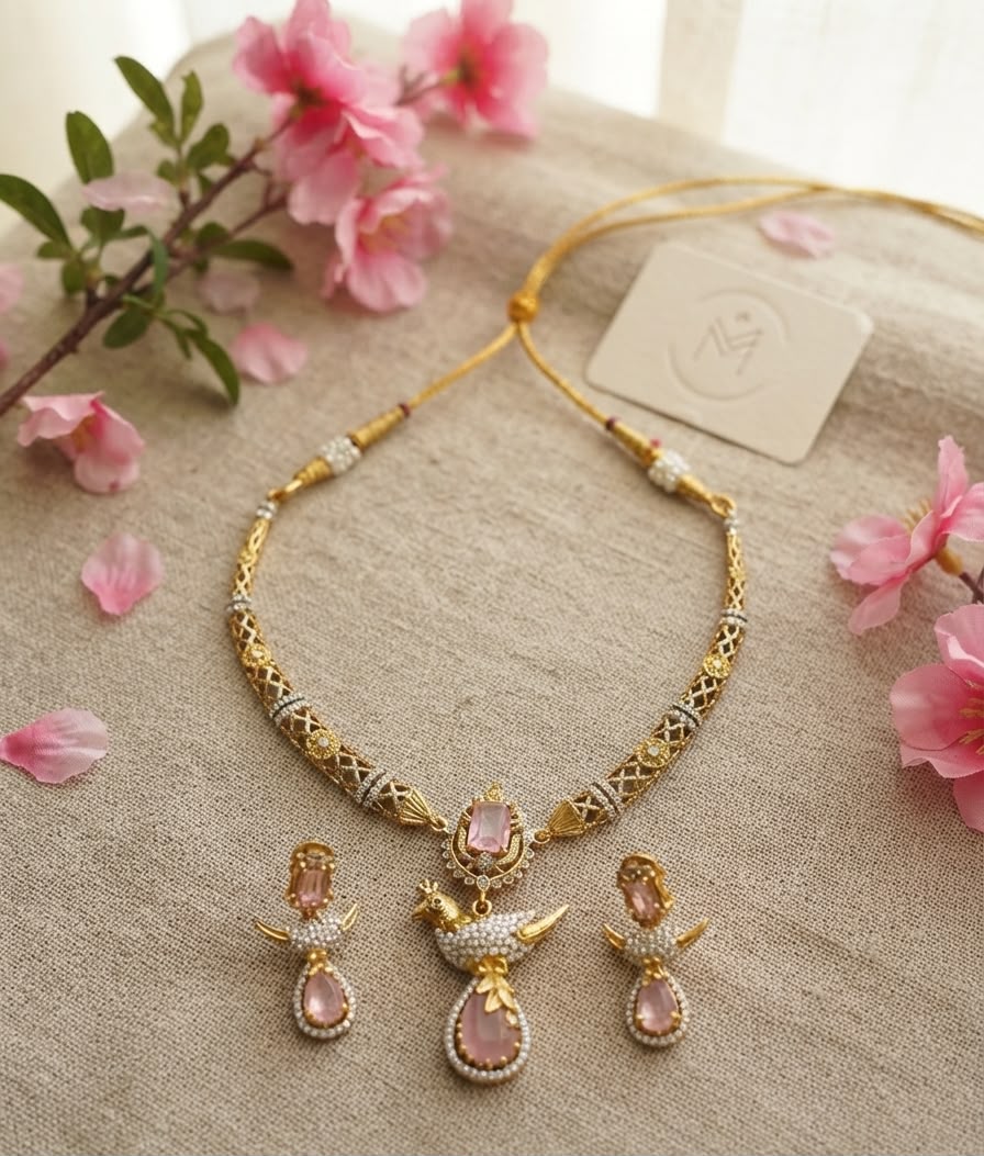 Elegant Two-Tone Gold & Rhodium Plated Bird Motif Necklace Set with Pink Gemstones & CZ Accents