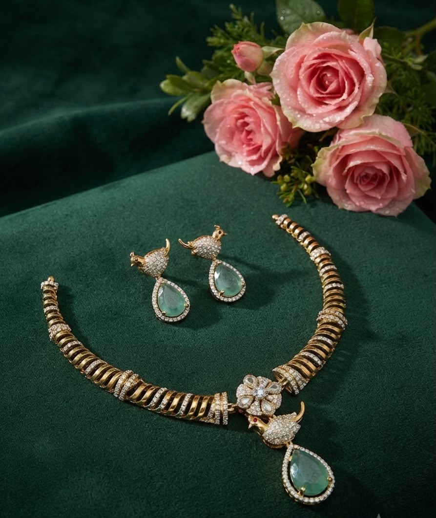Regal Two-Tone Gold & Silver Plated Peacock Motif Necklace Set with Mint Green Stones & CZ Accents