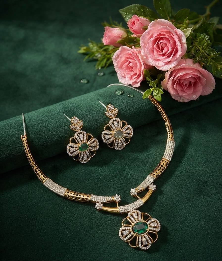 Opulent Two-Tone Gold & Rhodium Plated Floral Pendant Necklace Set with Emerald Green Gemstones & CZ Accents