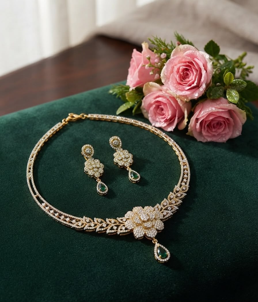 Luxurious Two-Tone Gold & Rhodium Plated Layered Floral Necklace Set with Emerald Green Teardrop Gemstones & CZ Accents