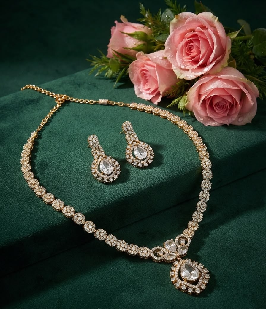 Stunning Two-Tone Gold & Rhodium Plated Floral Cluster Necklace Set with Pear-Cut CZ Solitaire Pendant