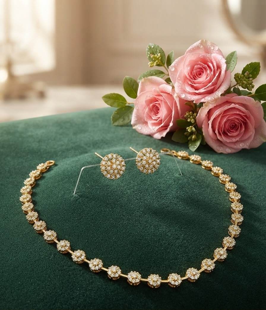 Classic Gold-Plated Floral Cluster Tennis Necklace Set with Matching Stu