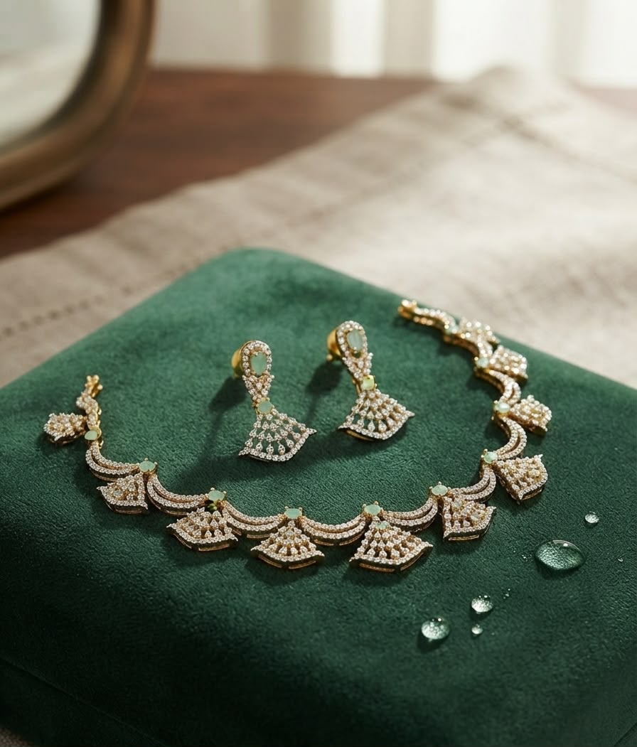 Elegant Gold & Rhodium Plated Fan-Motif Necklace Set with Mint Green Stones
