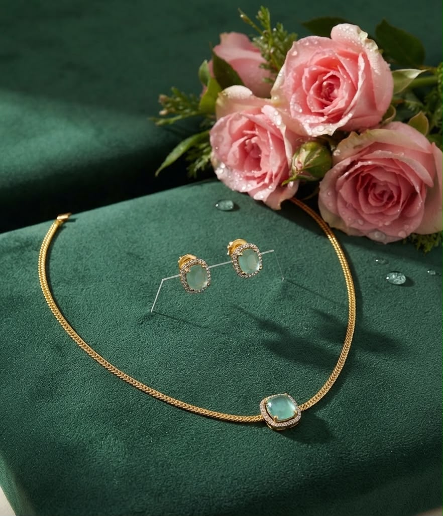 Minimalist Gold-Plated Chain Necklace Set with Mint Green Cushion-Cut Solitaire