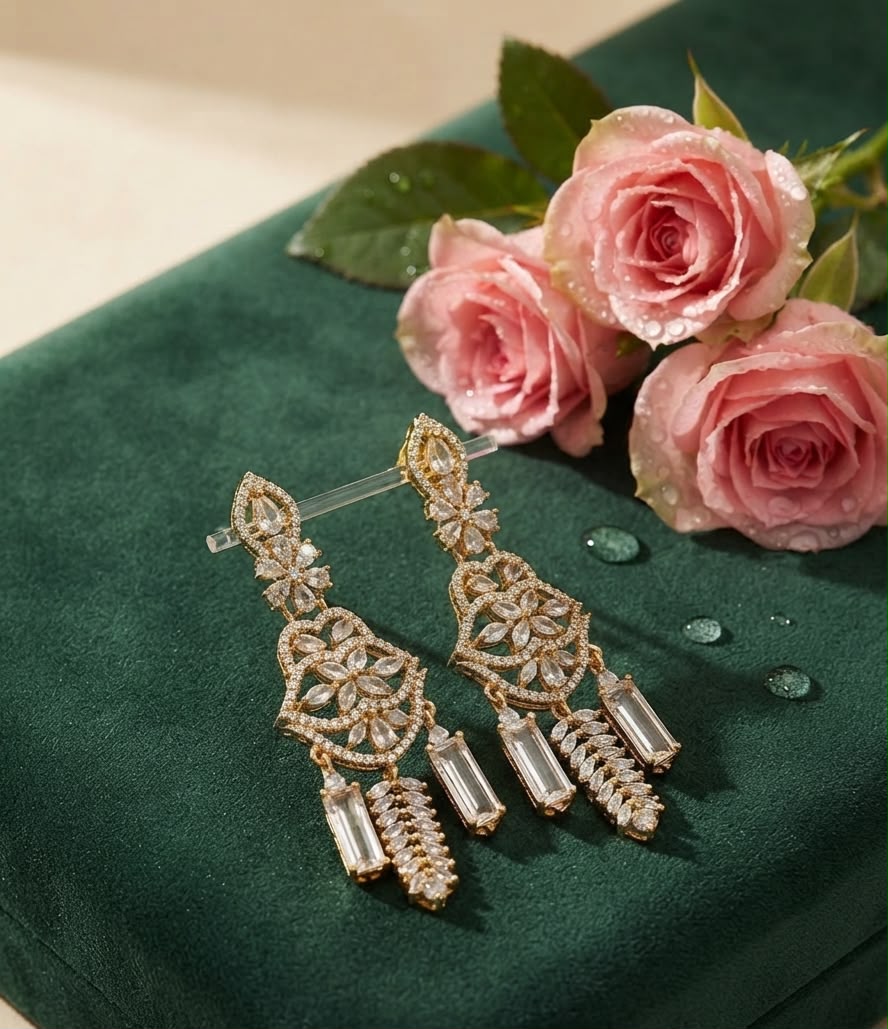 Exquisite Two-Tone Gold & Rhodium Plated Floral Chandelier Earrings with Baguette CZ & Leaf Fringe Drops