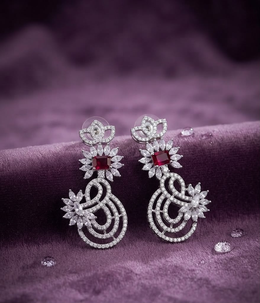 Regal Silver Rhodium Plated Crown Motif Drop Earrings with Ruby Red Gemstone & Floral CZ Swirls