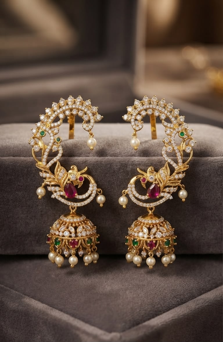 Traditional Gold & Rhodium Plated Peacock Motif Ear-Cuff Jhumkas with CZ, Ruby Red & Emerald Green Accents & Pearl Drops