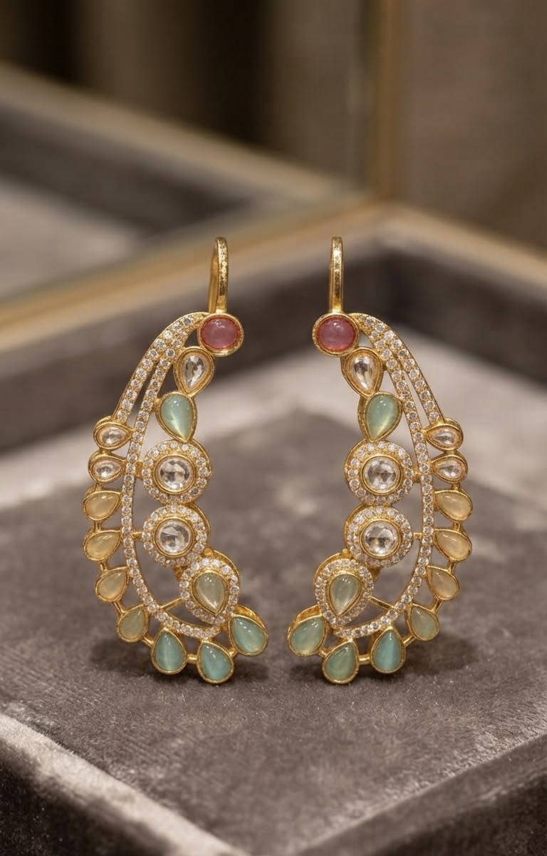 Artisan Gold-Plated Curved Ear-Cuff Earrings with Pastel Gemstones & Kundan/CZ Detailing