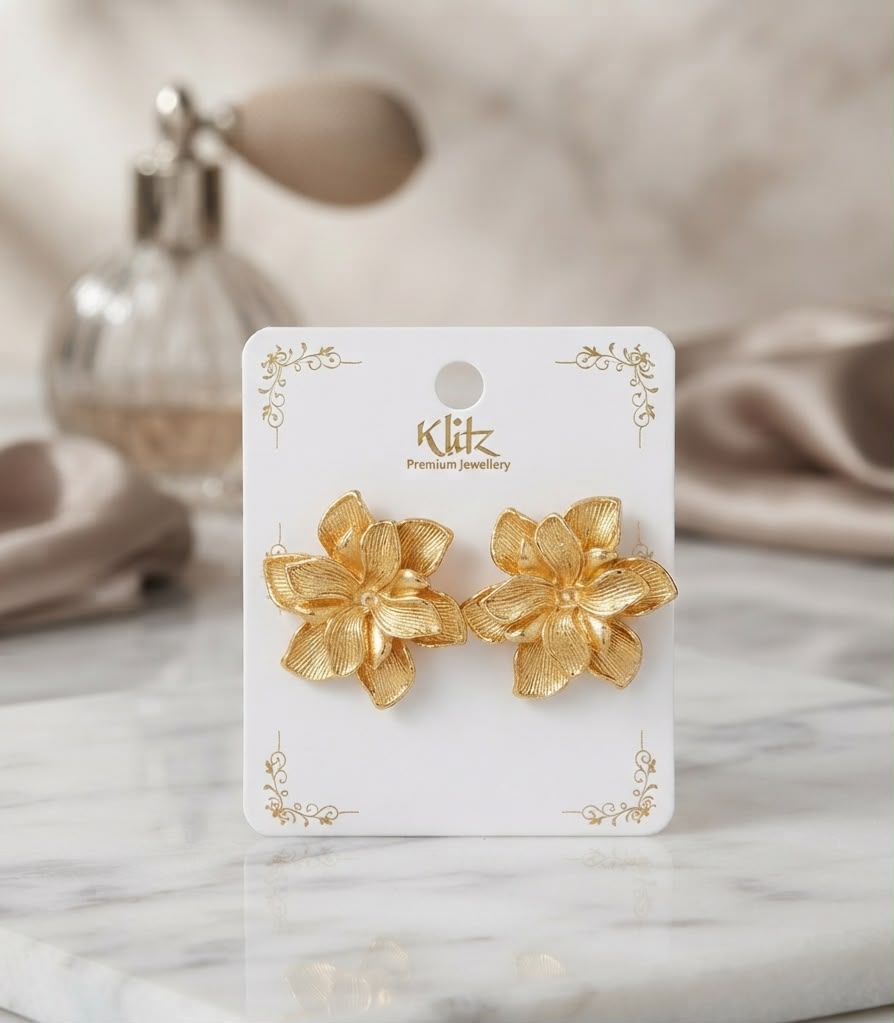 Elegant Matte Gold-Plated Sculpted Floral Bloom Stud Earrings