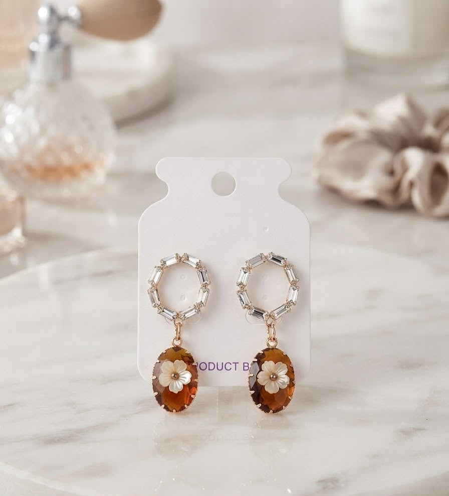 Chic Gold-Plated Baguette Ring Dangle Earrings with Amber Oval Crystal & Carved Flower Inlay