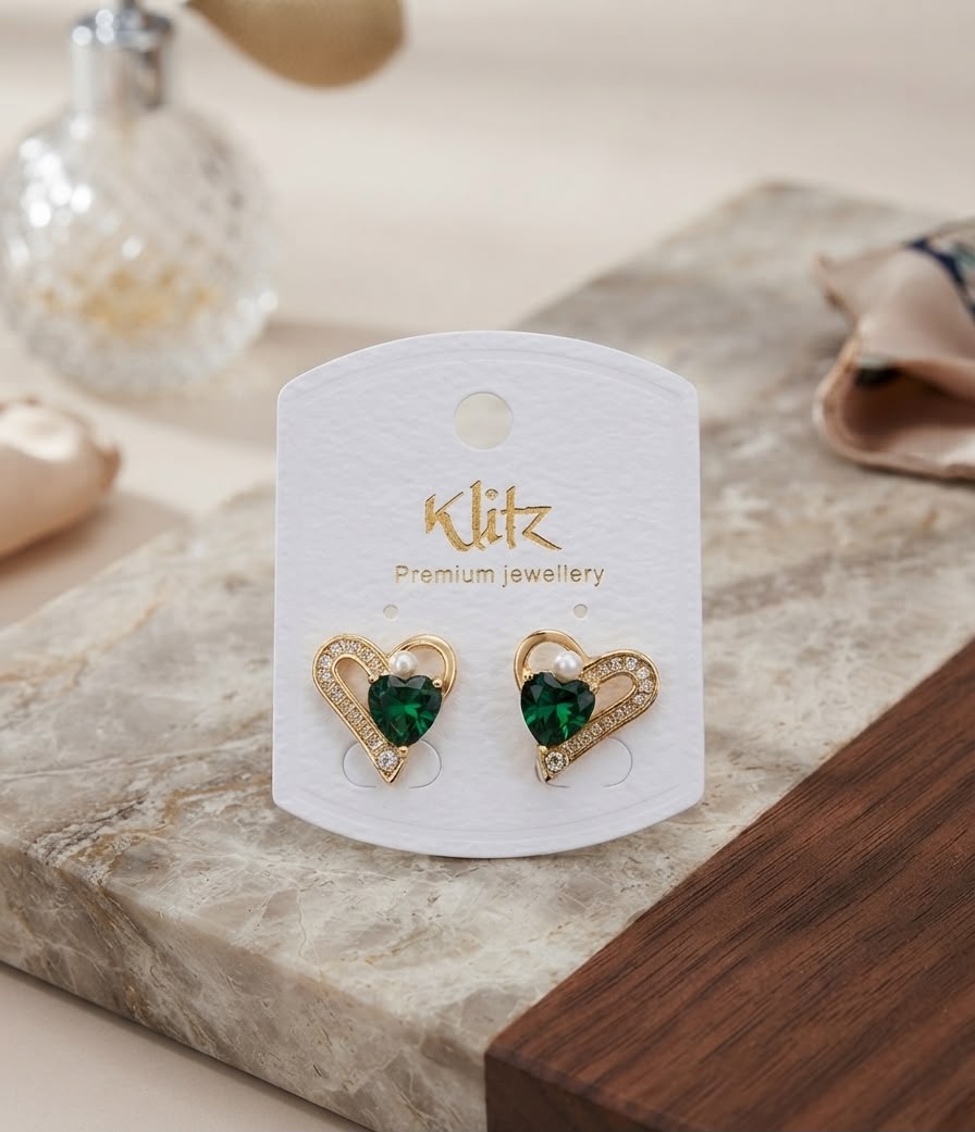 Charming Gold-Plated Emerald Heart Stud Earrings